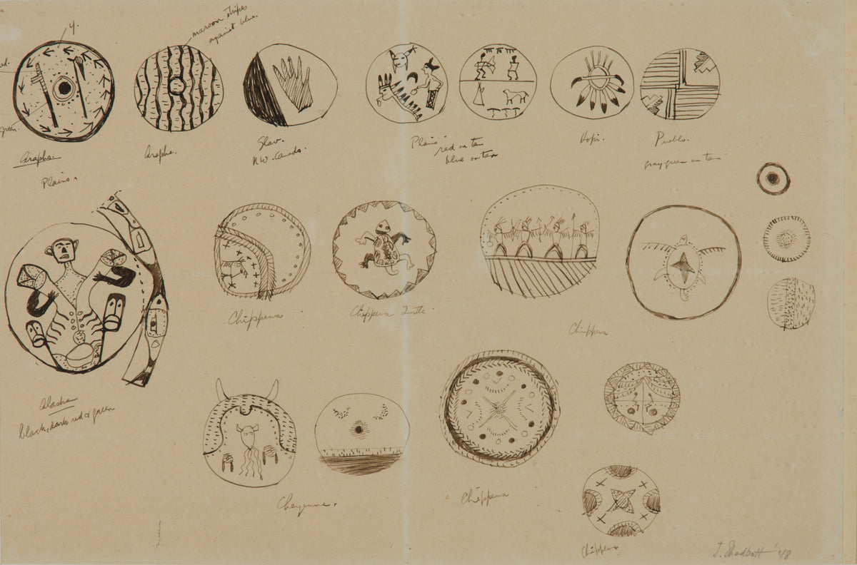 Jack Shadbolt, Museum Study Drawings, 1948. A series of drawings of a circular object against a white background.