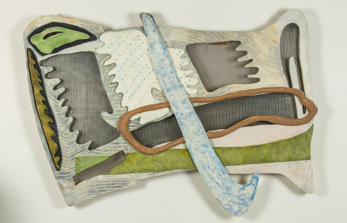 Arnold Shives, Owl in Winter, 1995. Abstract creature made out of wood and other assemblage with a muted grey, green, beige and white colour scheme.