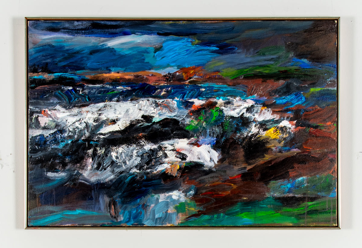 Gordon Smith, Painting After Goya, 1989. Abstract landscape and body of water created through splashes of paint in various colours (green, brown, blue, red, white).