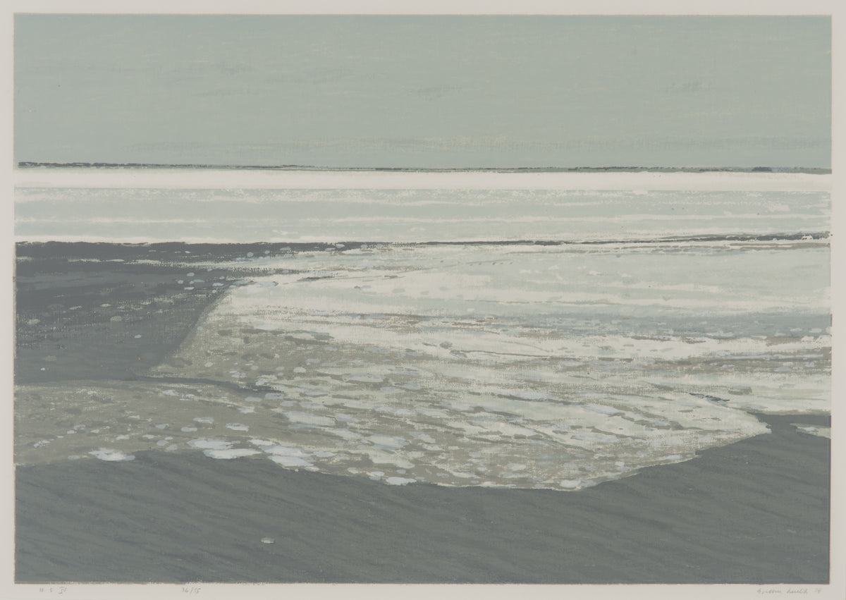 Gordon Smith, NS IV, 1978. Muted abstracted landscape of grey and blue.