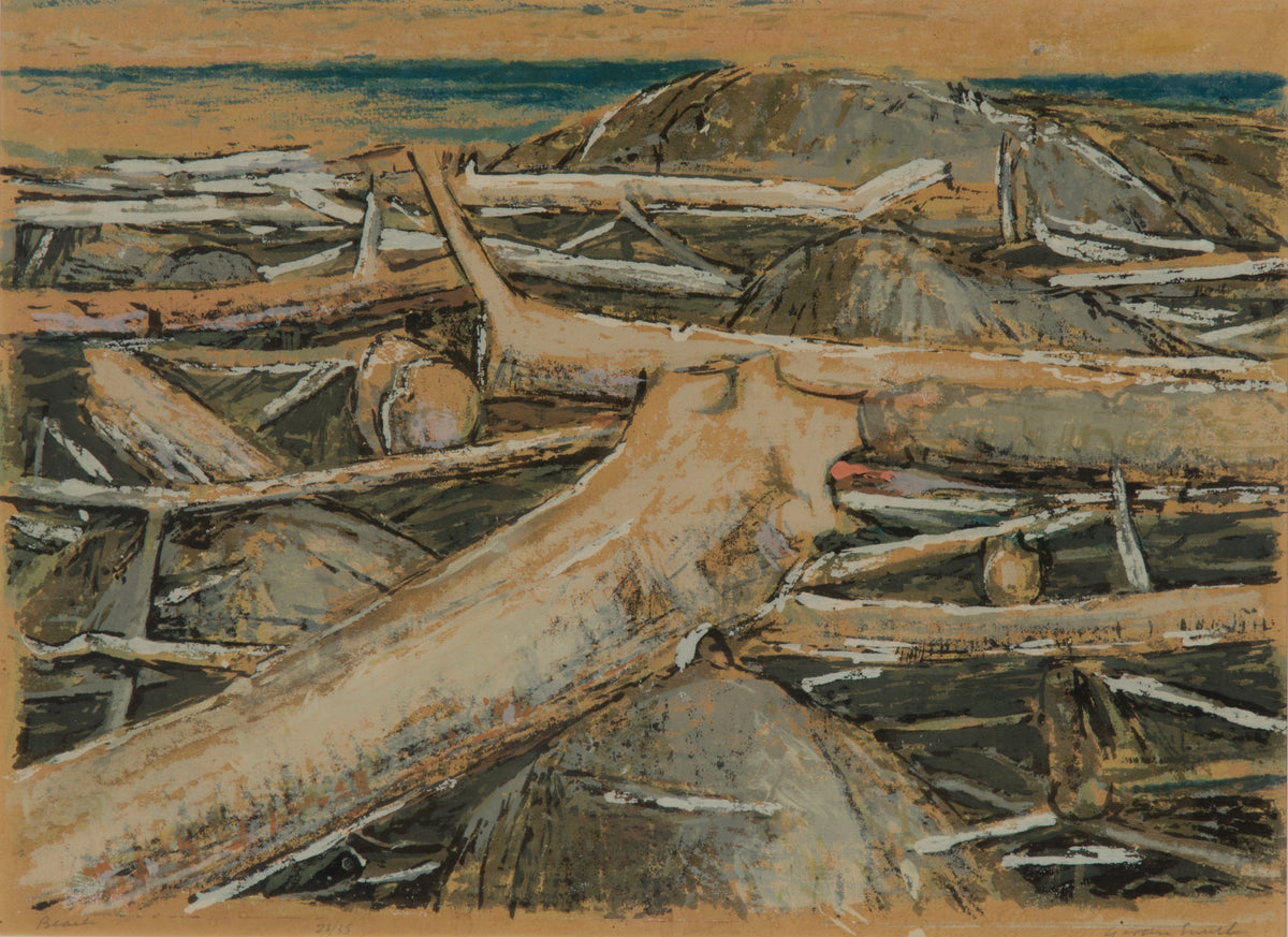 Gordon Smith, Beach, 1950-1959. A pile of wooden branches on a grey surface with a blue streak along the top.