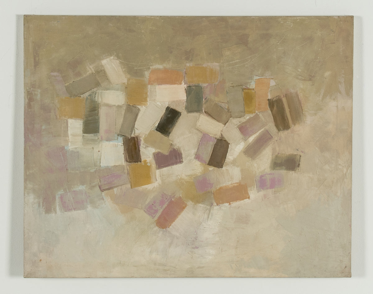 Ron Stonier, Untitled E, estimated date: 196-. Abstract shapes likely created by a palette knife in muted colour scheme (varying shades of beige and browns).