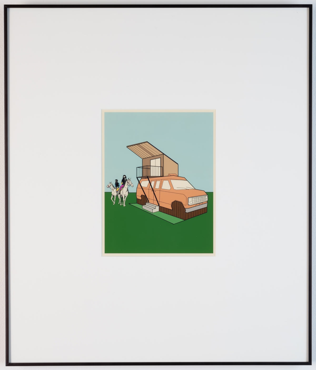 T&T Collective, Carchitecture #1, 2002. A speculative house built from cars with two figures in the background on horses green grass and against blue sky.
