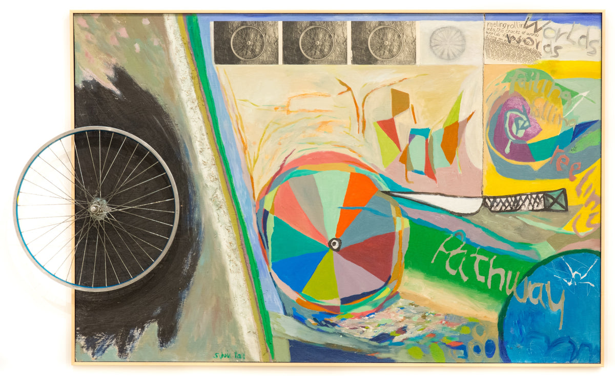 Sylvia Tait, The Damocles Connection, 1986. An abstract multi-layered composition centering around bicycle wheels with an actual bicycle wheel on the left of the painting.