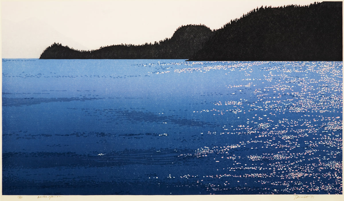 Takao Tanabe, Nootka Afternoon, 1993. Depiction of a mountainous landscape along a body of water against a clear sky.