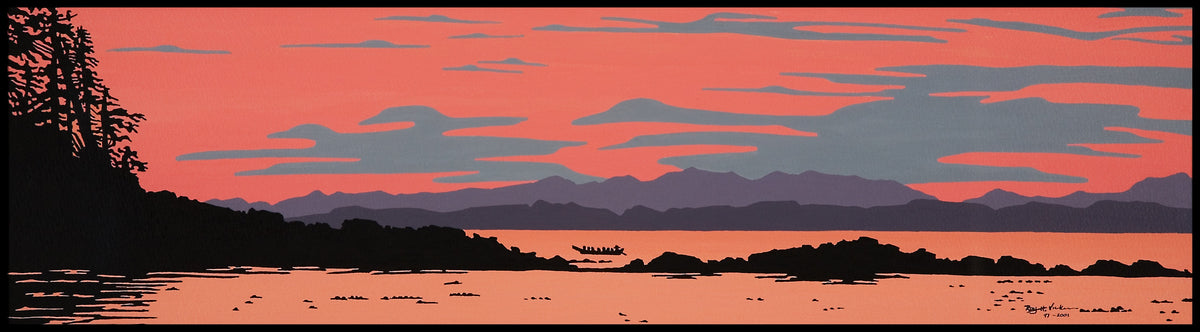 Roy Henry Vickers, Nunsulsailus (Many Hands), circa 1997-2001. A canoe and landscape by a body of water against a red sky.