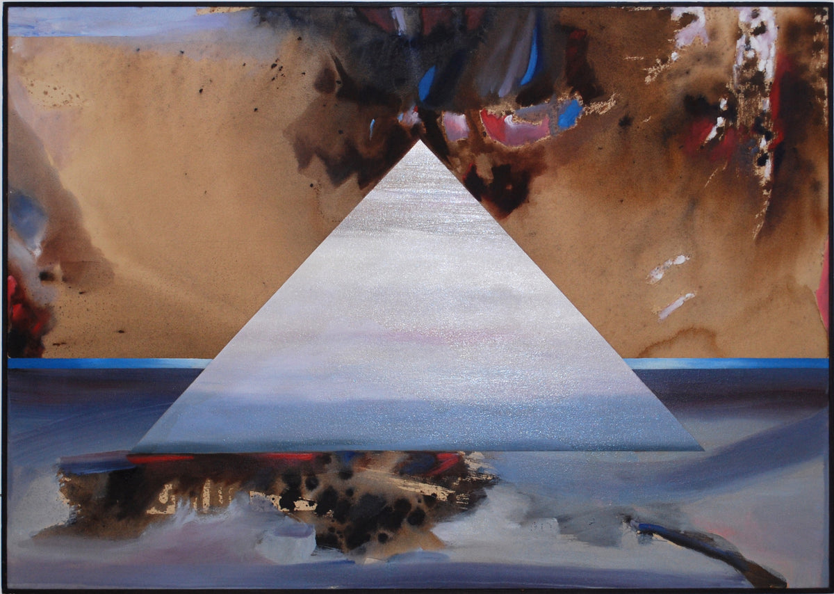 Ken Wallace, Tipka, 1981. A blue-grey triangle against an abstract background of brown (top half) and dark blue (bottom half).