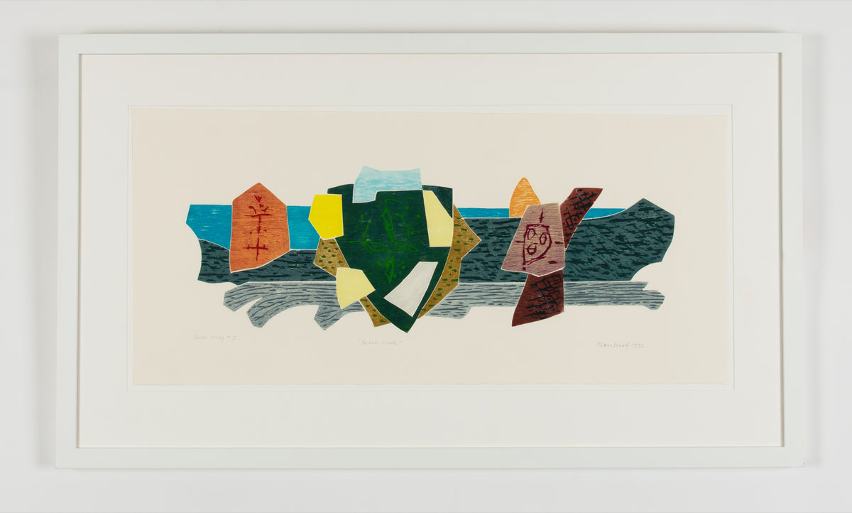 Alan Wood, Beach Walk, 1992. Multicoloured abstract print of woodblocks with texture in a horizontal formation.