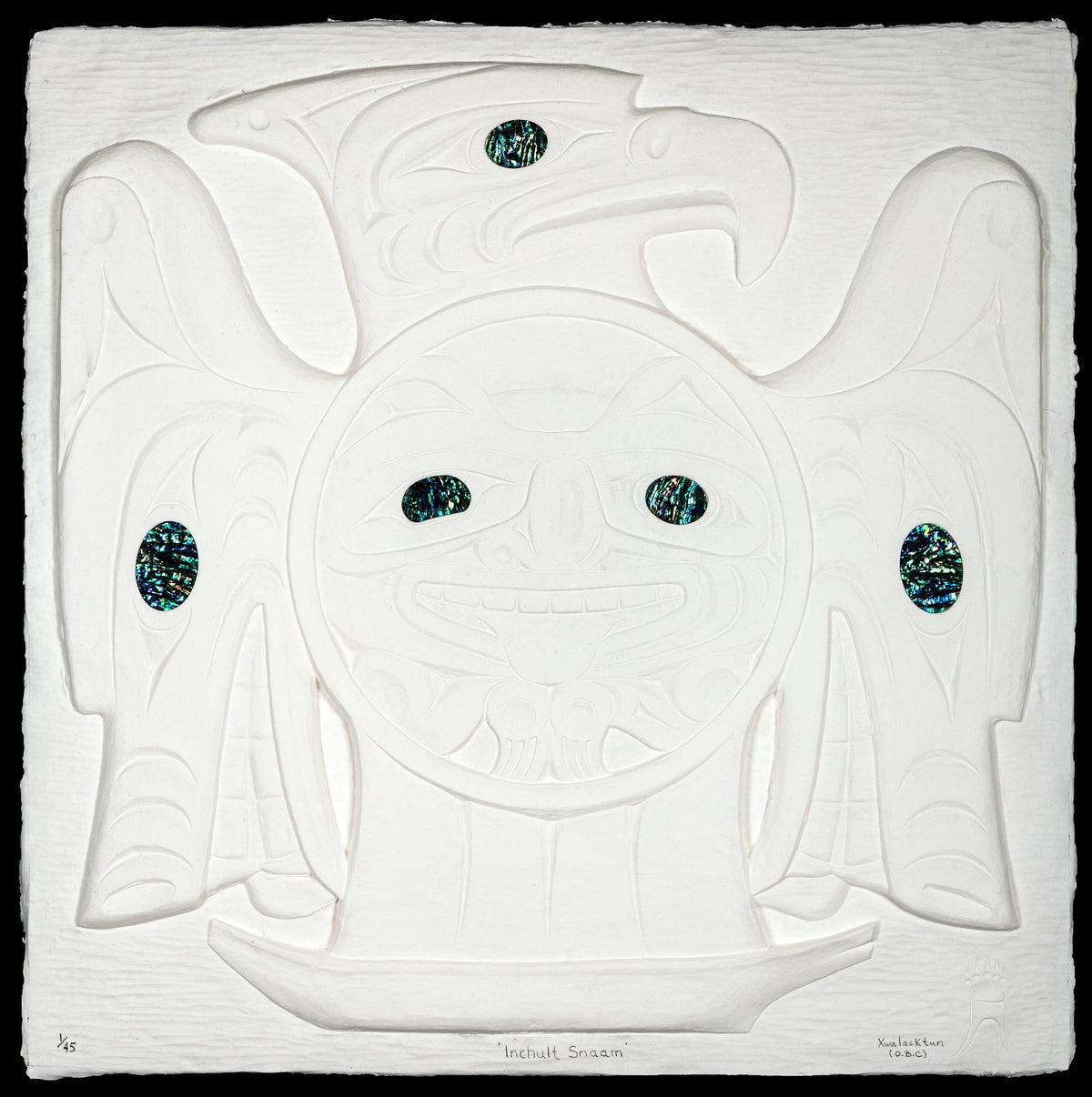 Xwalacktun, Inchult Snaam, 2014. A bird with a circle with a face in the center, rendered in all white with occasional pops of green.