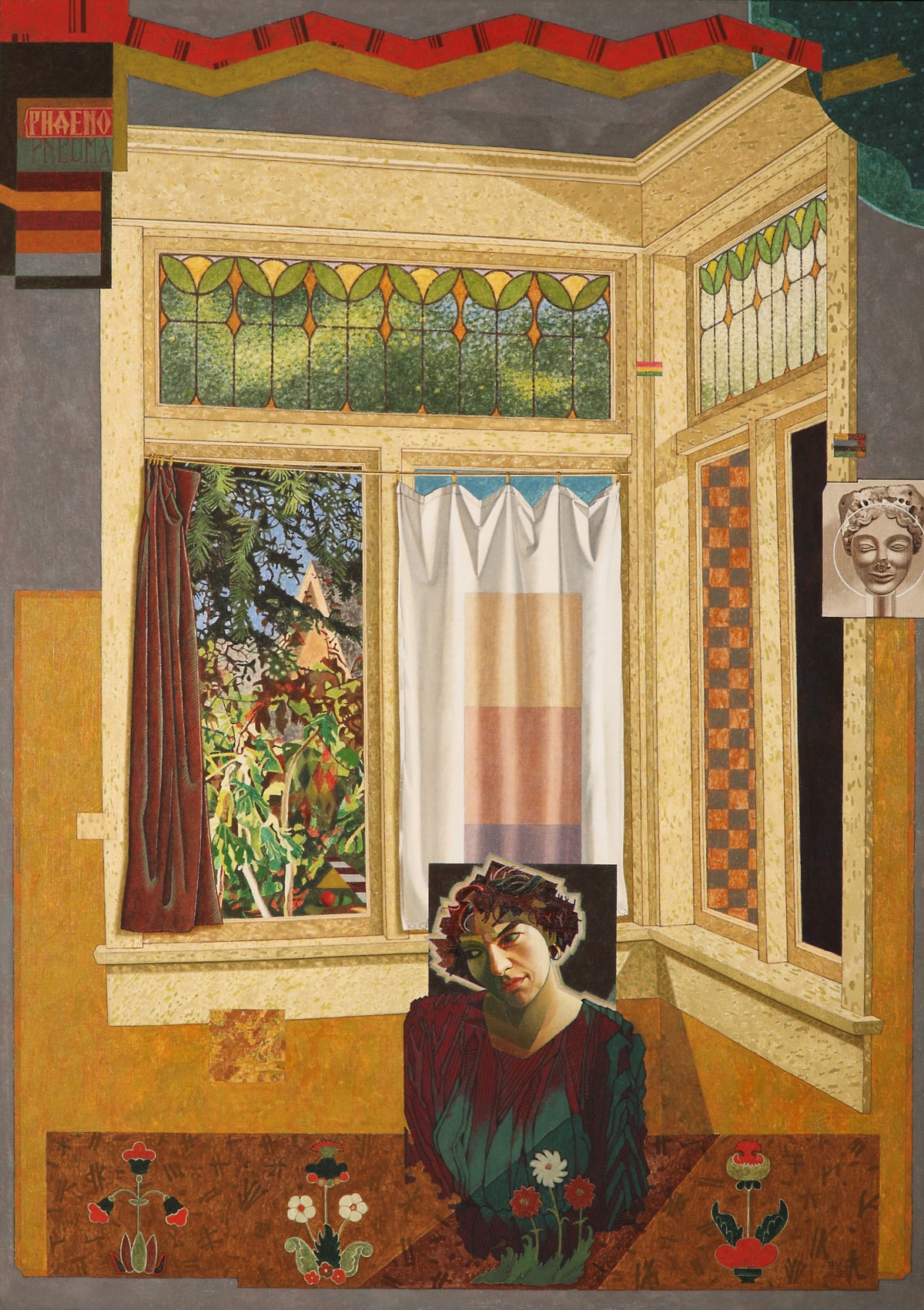 Robert Young, Premonstrance: The Meadow, 1994/1995. Abstract painting with a single male painting in the centre with architecture as the backdrop (corner with stained glass windows) and features collage-like elements.