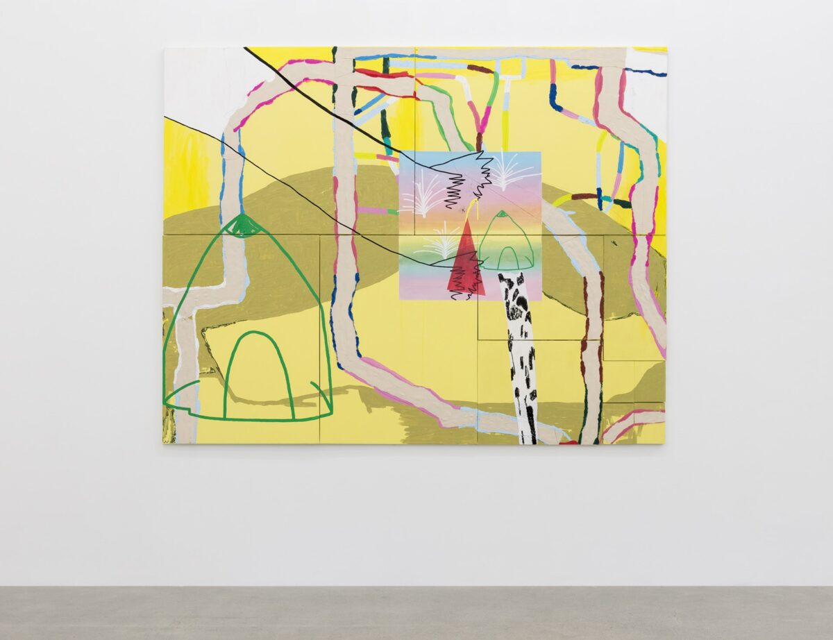 Large yellow painting by Russna Kaur crossed by winding pale paths edged in bright colours, with green tent shapes and a small pastel panel