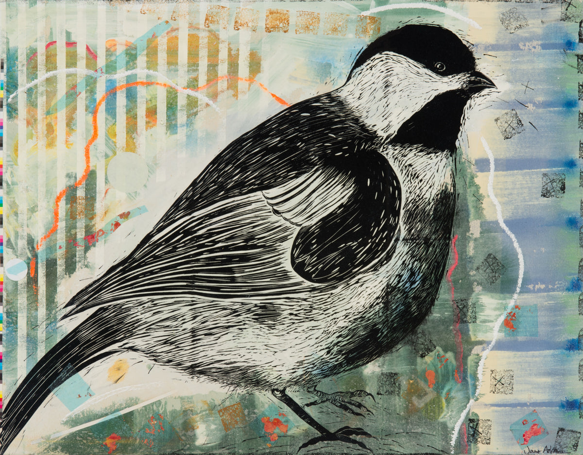 Jane Adams, Paradise Chickadee, 2009. Black and white image of a bird against a colourful background (blue, green, white and orange). View 1 of 2.