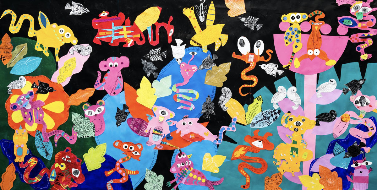 A colourful paper mural of creatures and flowers cut from painted paper