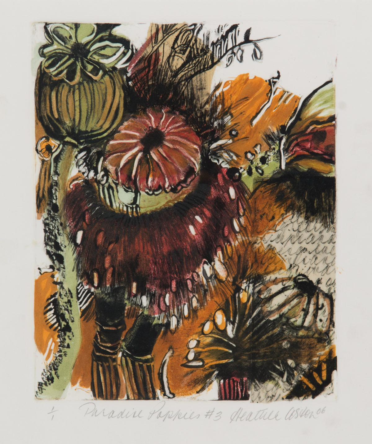 Heather Aston, Paradise Poppies #3, 2006. Flowers in dark red and orange with green stems against a white background.