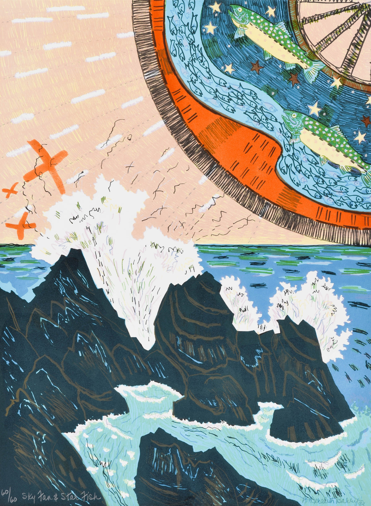 Anne Meredith Barry, Sky Fan and Star Fish, 1993. Waves hitting against ocean rocks with a circular fan filled with fishes on the top right of the work.