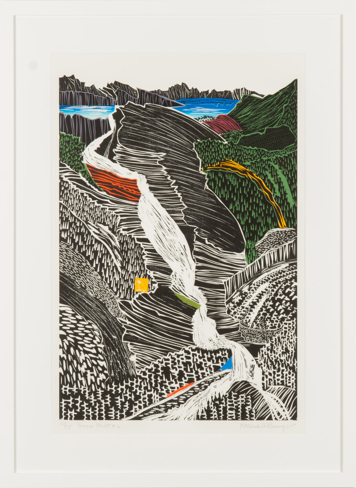 Anne Meredith Barry, Snow Melt #2, 2000. Abstract landscape consisting mountains and streams of water, rendered in mostly black with occasional pops of colour (red, yellow, purple, blue, green).