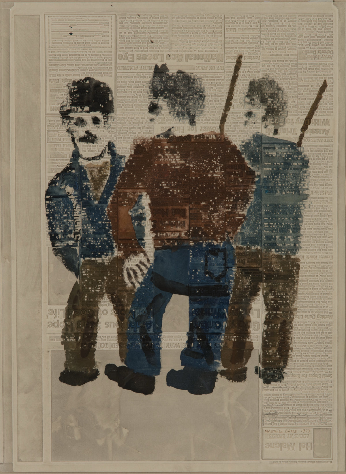 Maxwell Bennett Bates, Three Men, 1977. Abstract painting of three men in blue, brown and black.