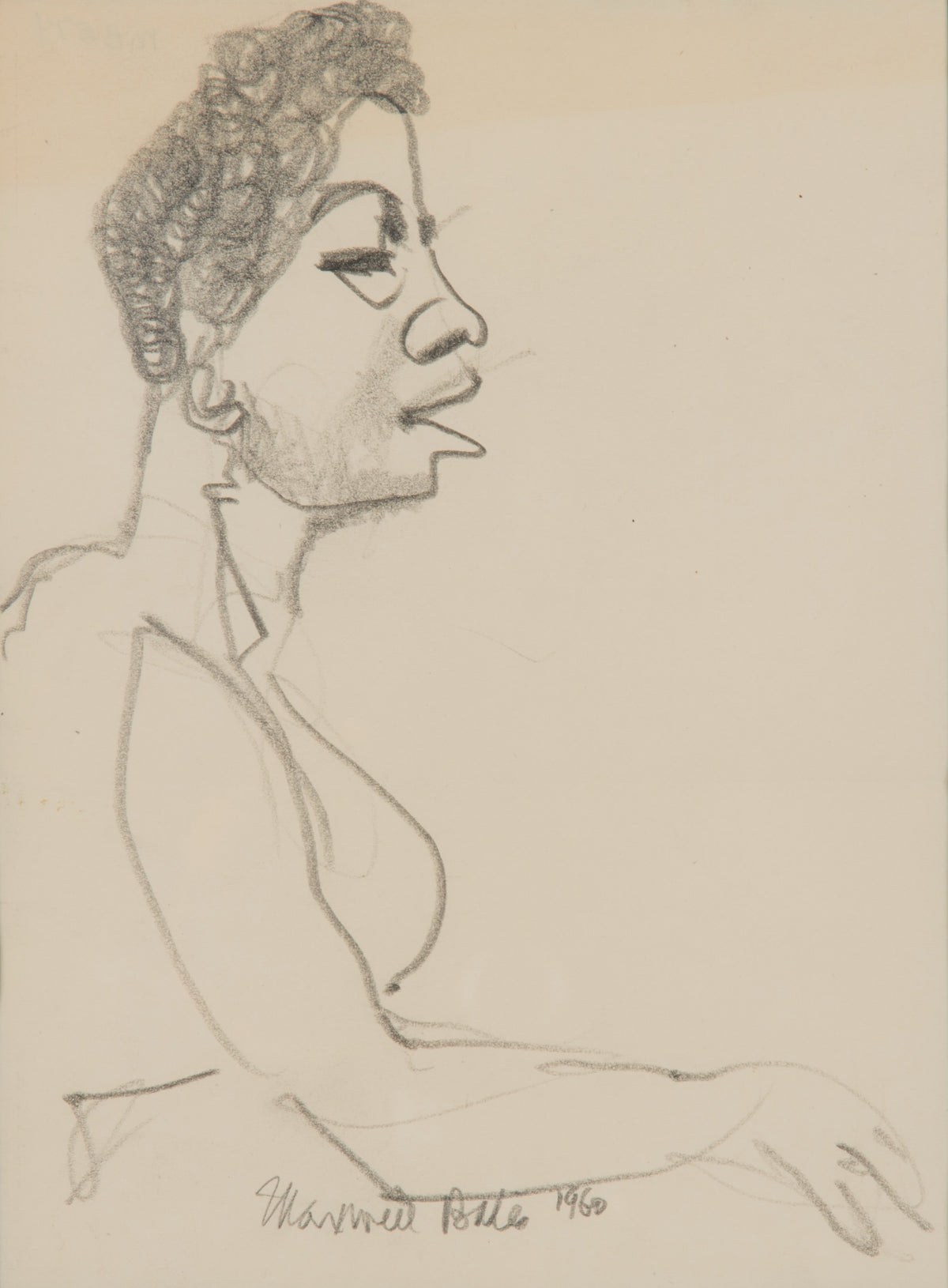 Maxwell Bennett Bates, Untitled, Figure, 1960. Black and white of the side profile of a female figure with curly hair.