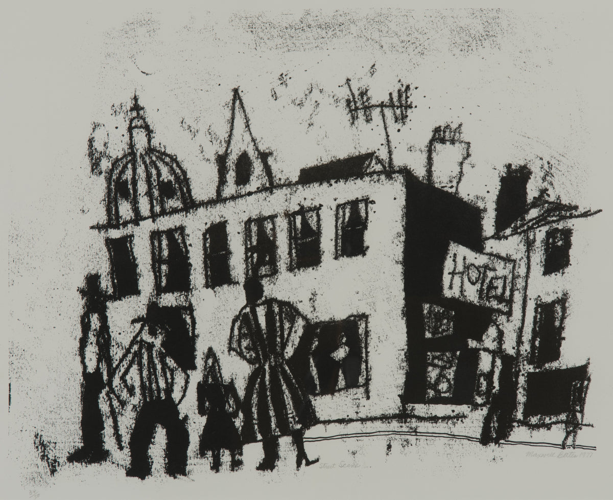 Maxwell Bennett Bates, Street Scene, 1977. Black and white drawing of a building in the a group of people in the front.