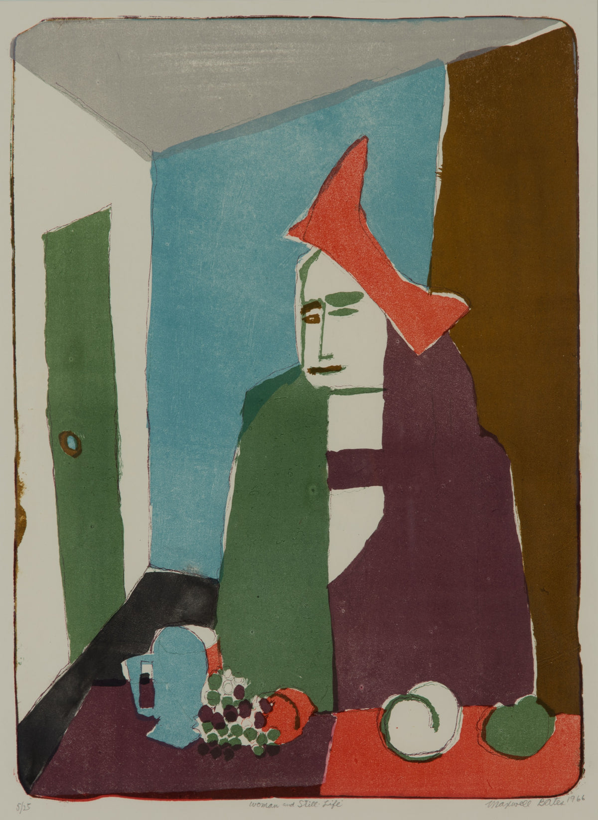 Maxwell Bennett Bates, Woman and Still Life, 1966. Abstract portrayal of a woman wearing a orange-red hat against an abstracted room with blue and brown walls.
