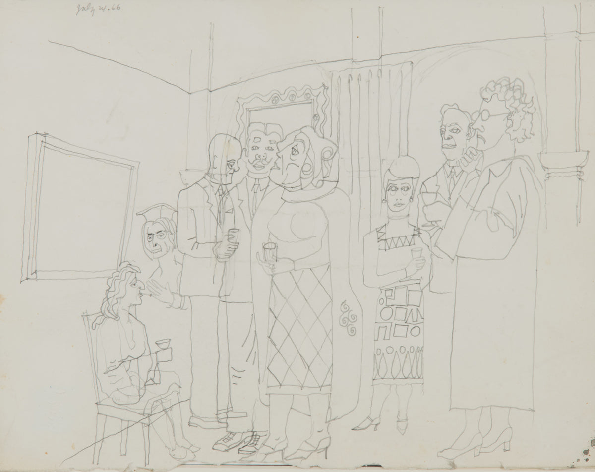 Maxwell Bennett Bates, Interior Scene, 1966. Abstracted black and white line drawing of people in a room.
