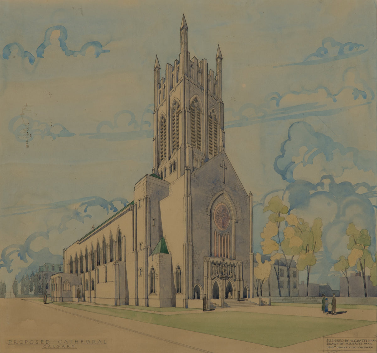 Maxwell Bennett Bates, Proposed Cathedral, Calgary, 1955. Painting of Gothic cathedral against a blue sky and trees in the background.
