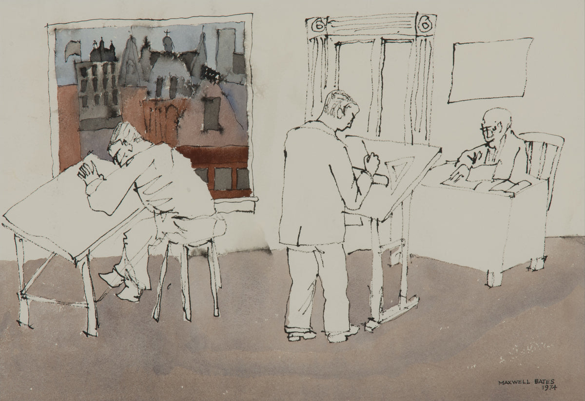 Maxwell Bennett Bates, Architect's Office, 1974 (Signed and Dated). Drawing of three architects in black and white while the view of the city through the window is coloured.