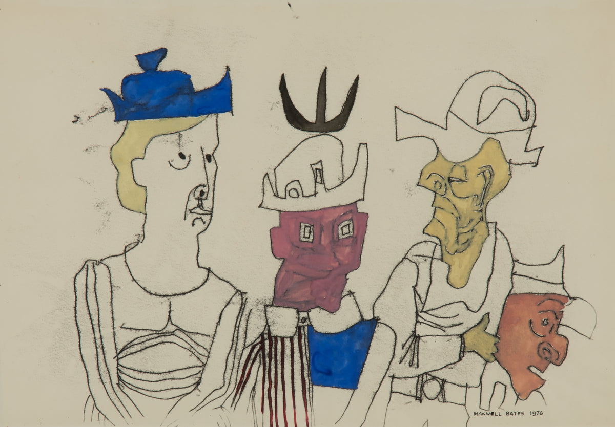 Maxwell Bennett Bates, Hats, 1976. Abstracted black and white line drawing of three figures wearing hats, with occasion pops of colour (yellow, blue, beige).