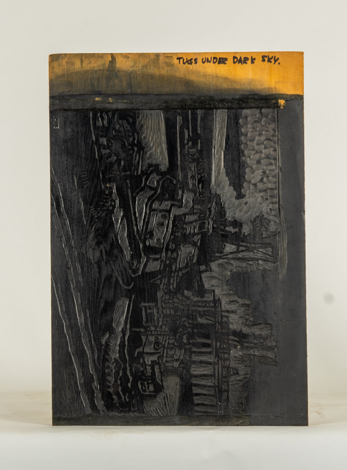Alistair Bell, Tugs Under Dark Sky - Block, 1987. Northern Deep Sea Tug BELL-AA011.1 block 1/2 on reverse.