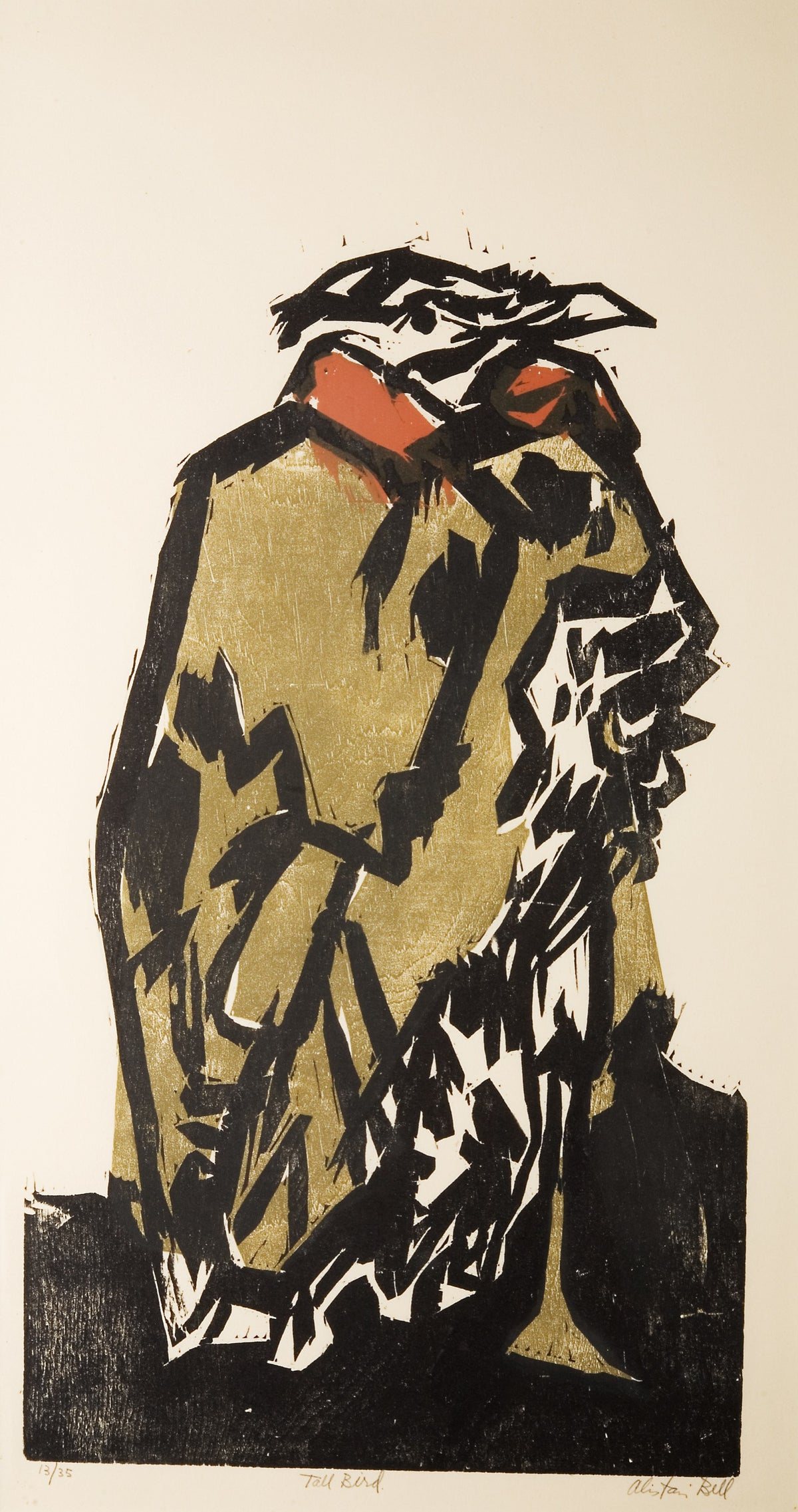 Alistair Bell, Tall Bird, 1961. An abstracted bird rendered in three colours (red, beige and black).