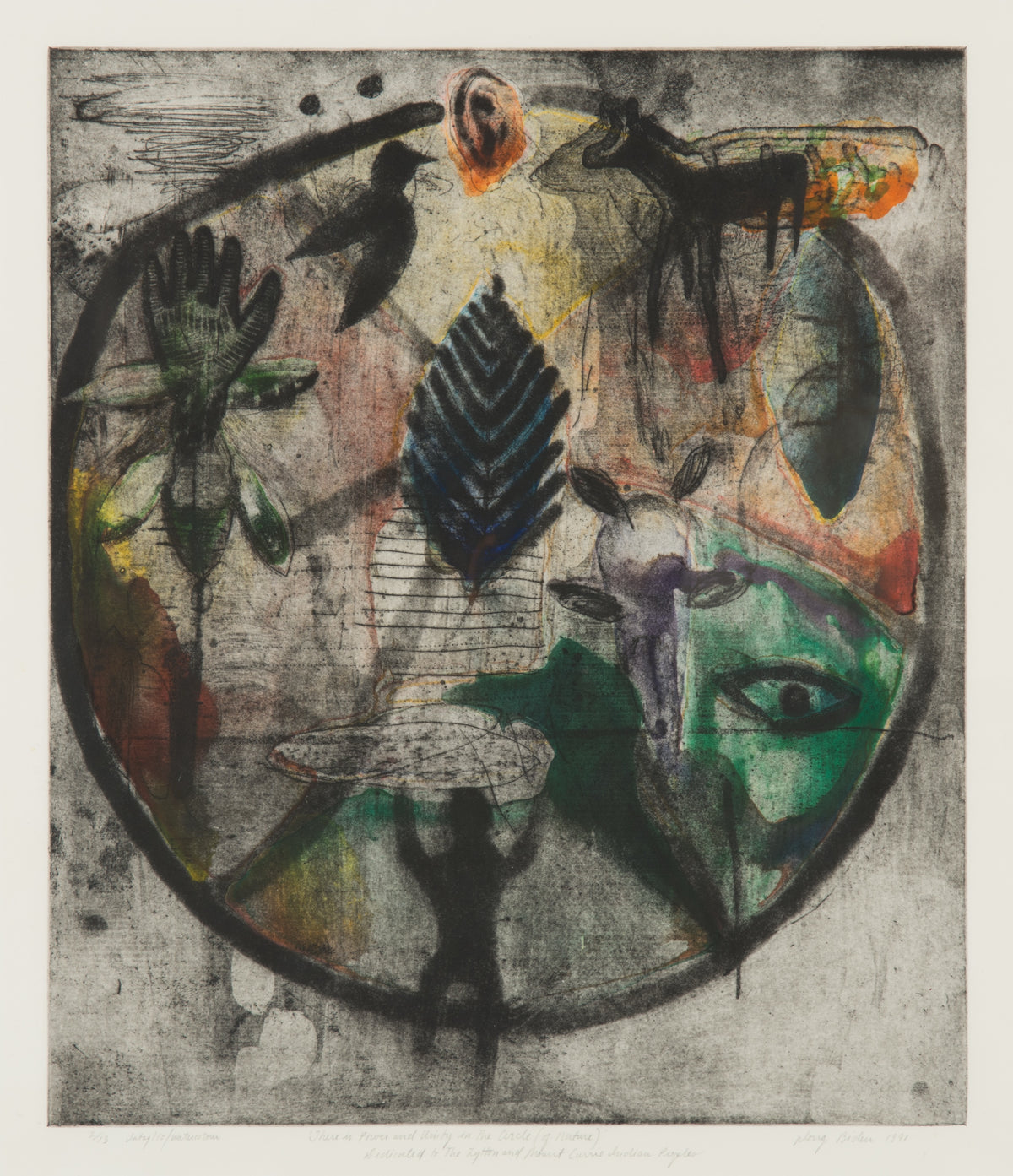 Douglas Biden, There is Power & Unity, 1990. A series of animals (bird, horse, etc) and figures located within a circle against a lightly grazed charcoal background.