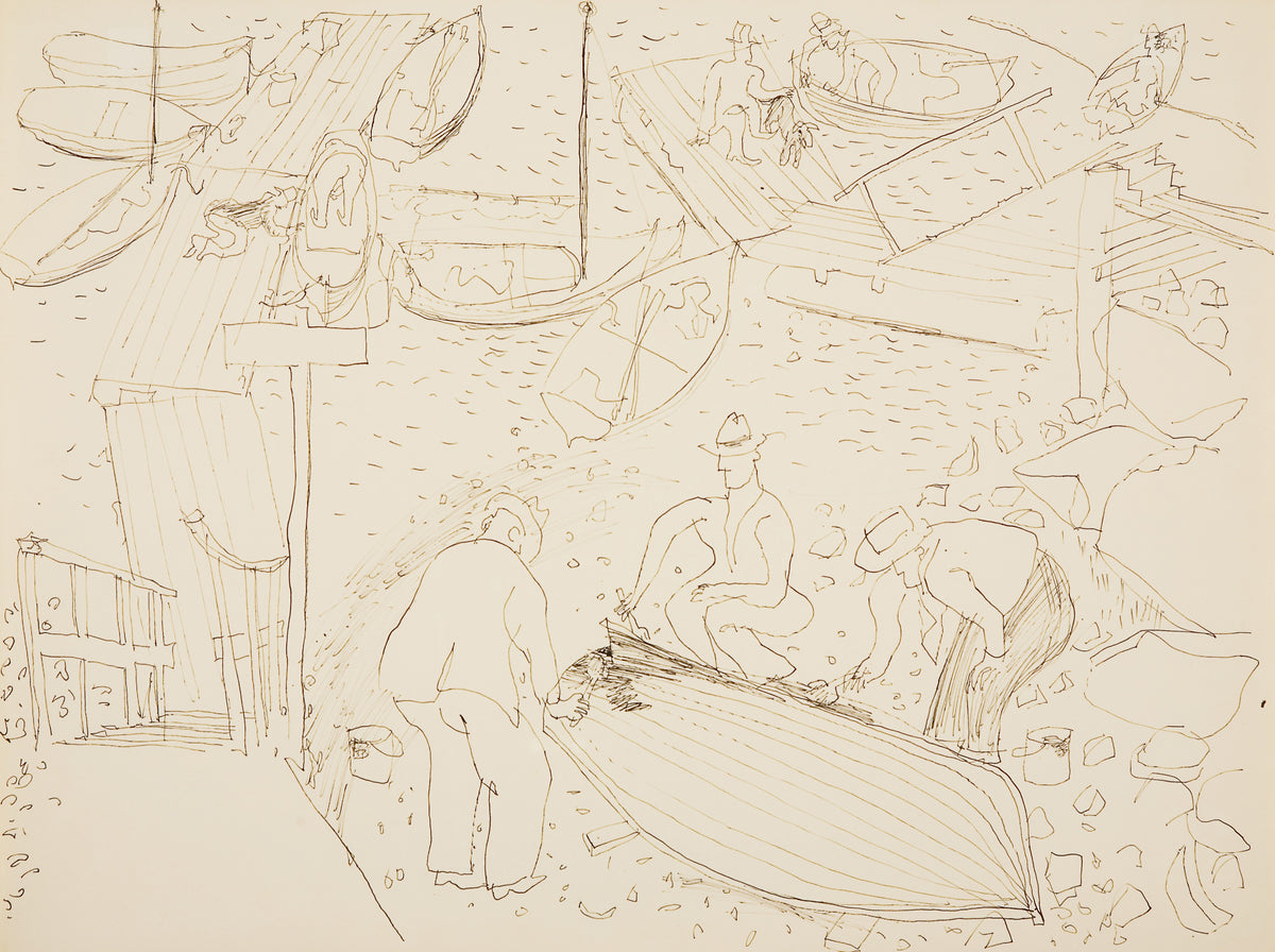 B.C. Binning, Three Men Working, 1944. Line drawing of three men working on a ship in multiple perspectives.