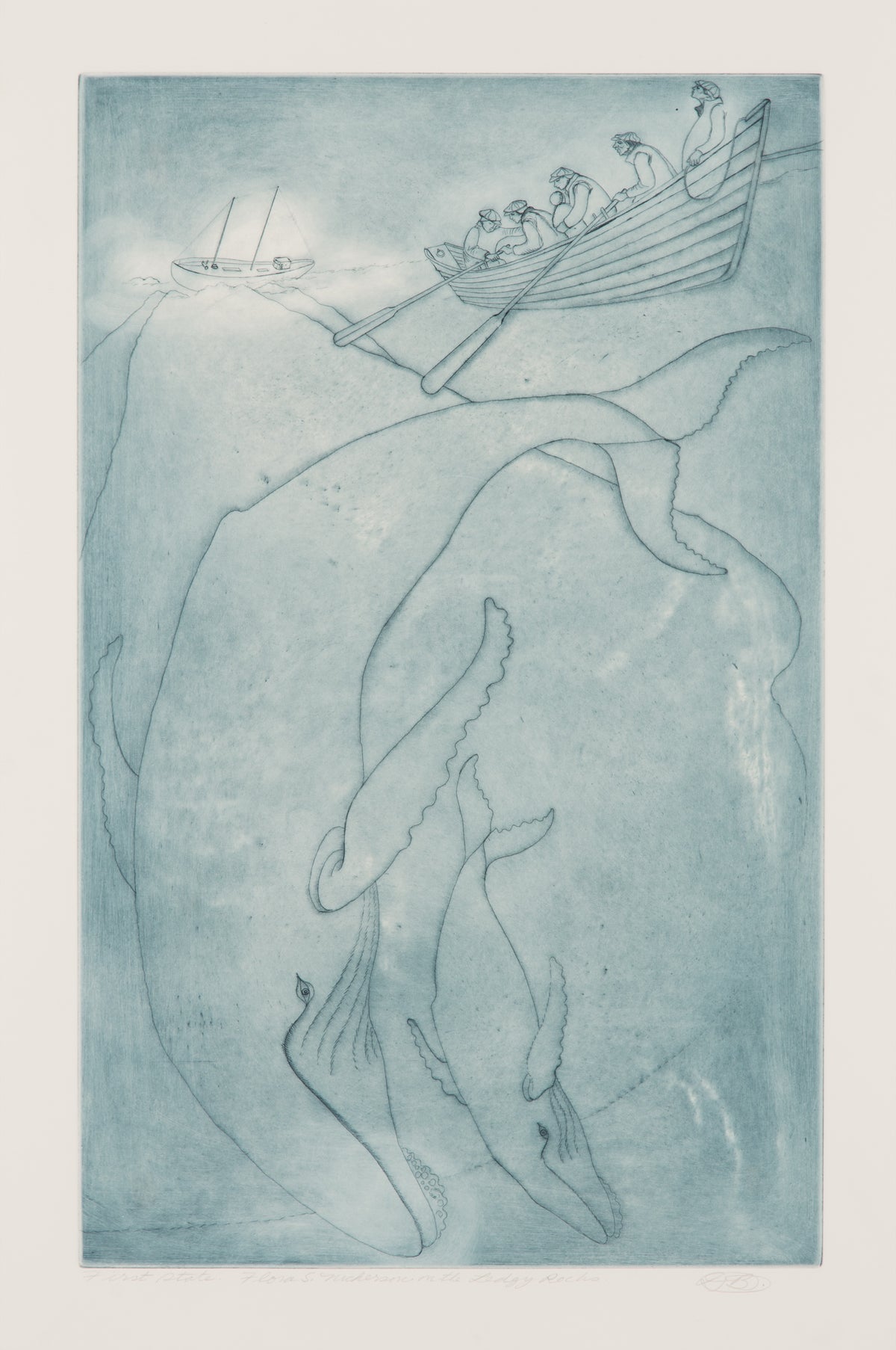 David Blackwood, Flora S. Nickerson on Ledgy Rocks (W/P 1), 1993. Two whales underwater with a small boat of sailors on the surface with a sinking ship in the background against a moonlit sky.