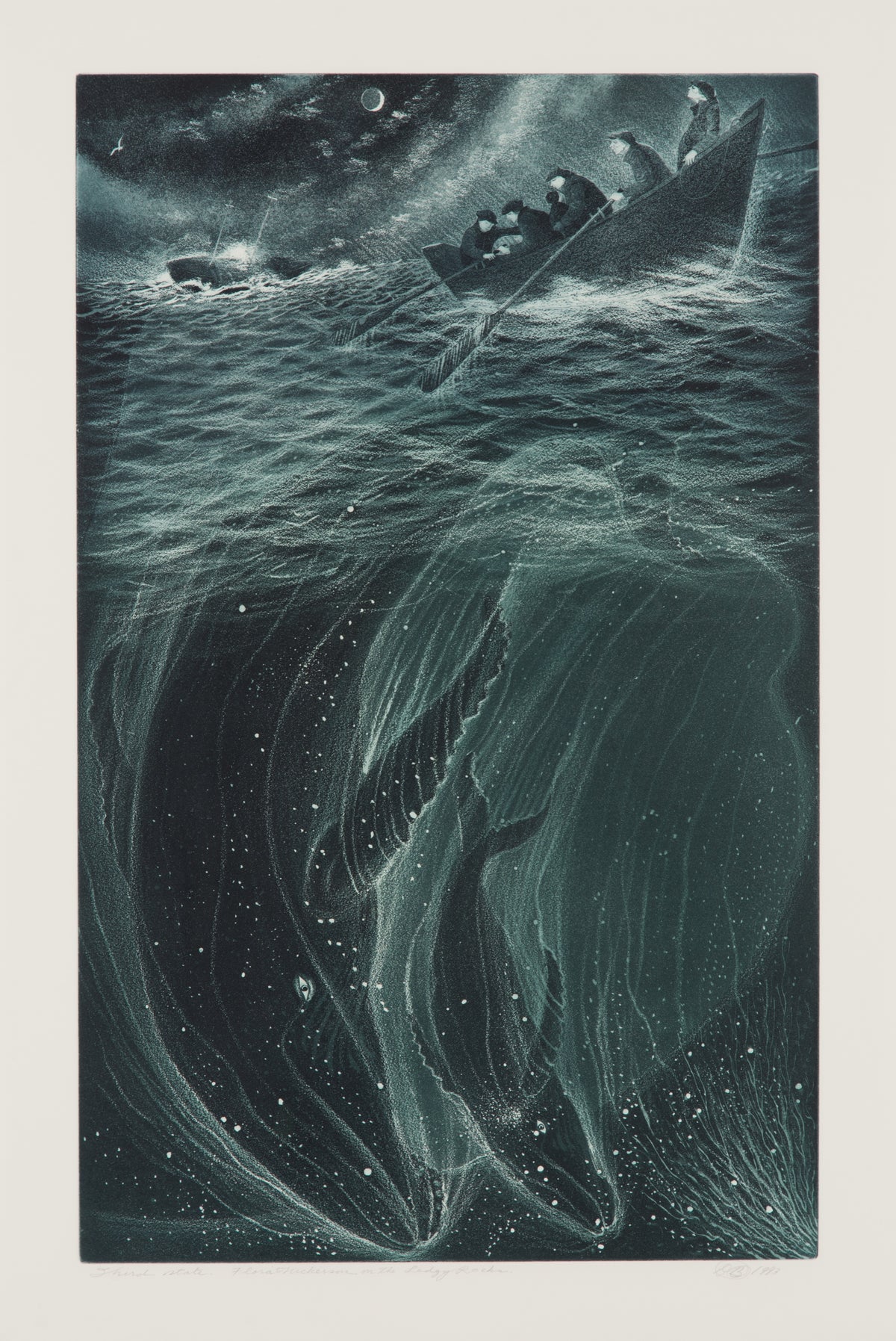 David Blackwood, Flora S. Nickerson on Ledgy Rocks (W/P 3), 1993. Two whales underwater with a small boat of sailors on the surface with a sinking ship in the background against a moonlit sky.