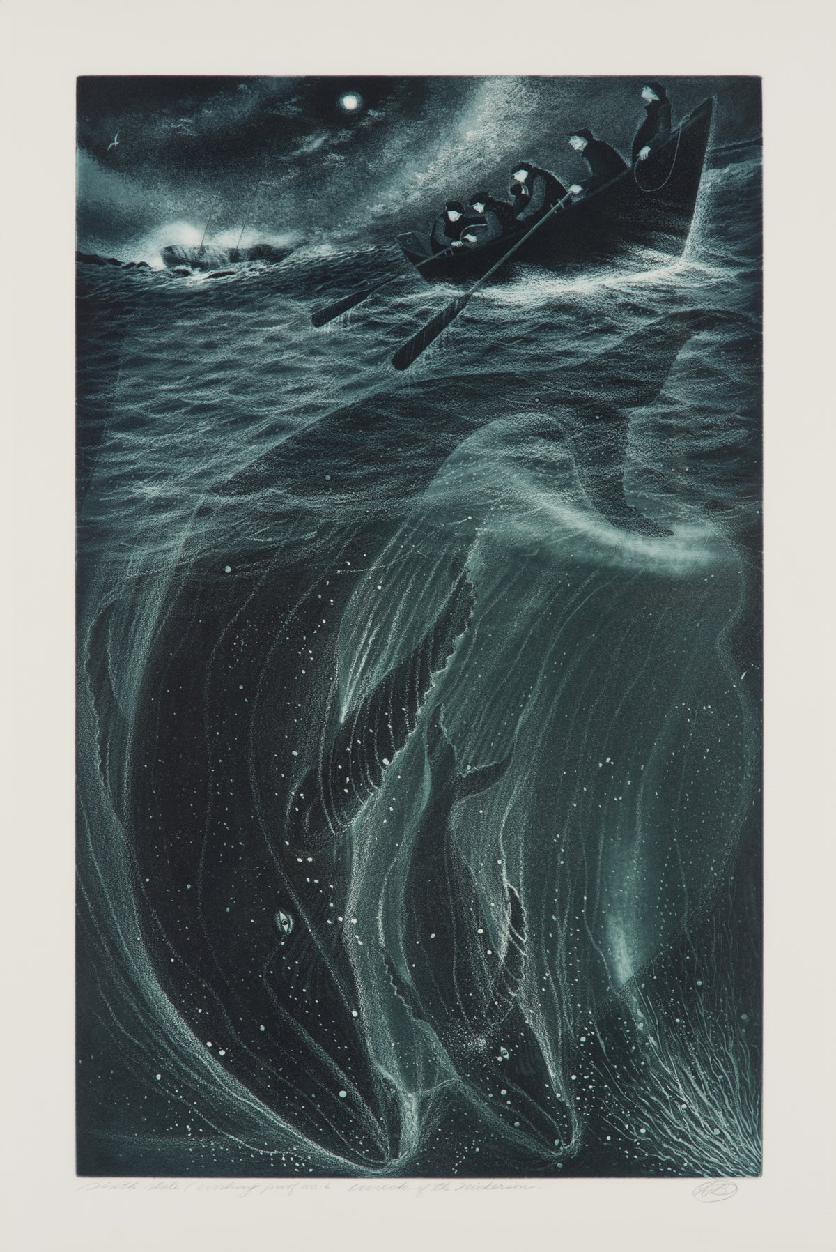 David Blackwood, Wreck of the Nickerson (W/P 6), 1993. Two whales underwater with a small boat of sailors on the surface with a sinking ship in the background against a moonlit sky.