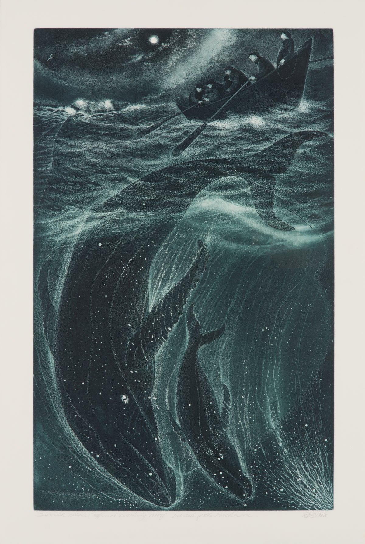 David Blackwood, Wreck of the Nickerson (W/P 10), 1963. Two whales underwater with a small boat of sailors on the surface with a sinking ship in the background against a moonlit sky.