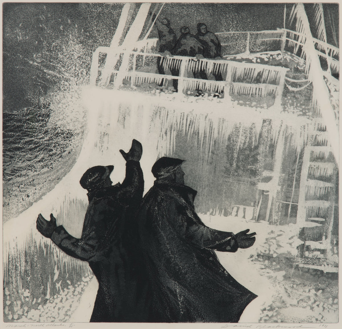 David Blackwood, March, North Atlantic, 1971. 5 figures on a ship, with two in the forefront, against a turbulent ocean waves.