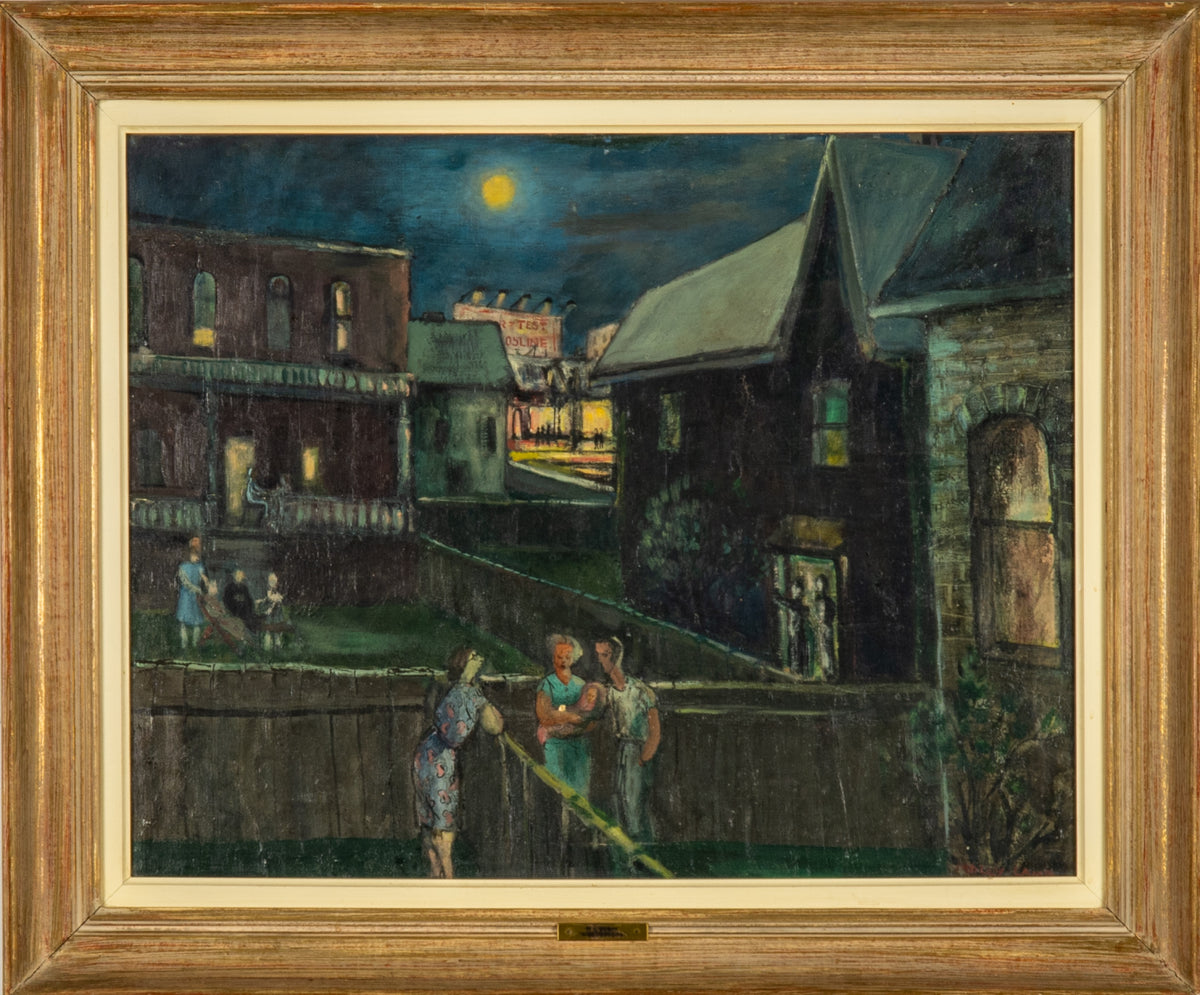 Molly Lamb Bobak, Night Gossips, N/A. A group of people in the center against the city in the background during night time.
