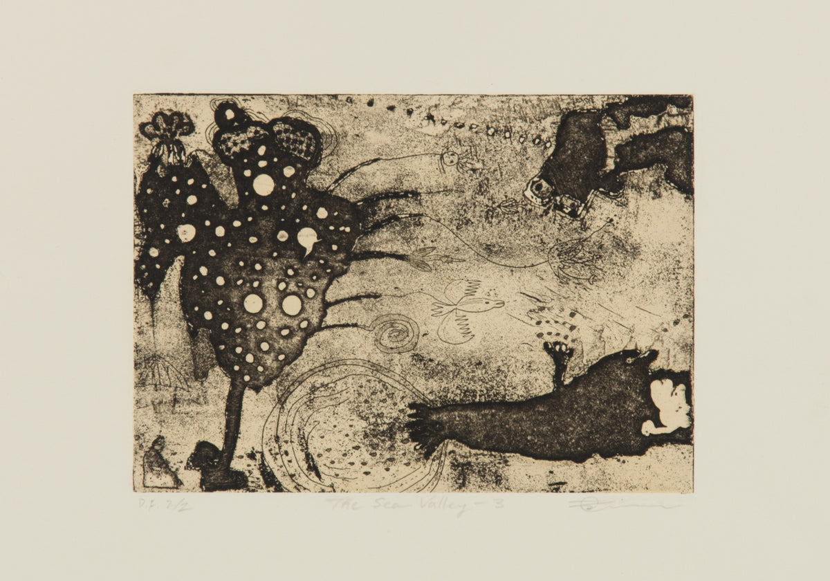 Taiga Chiba, Sea Valley 3, 2005. Black and white abstract composition, featuring three black blobs.