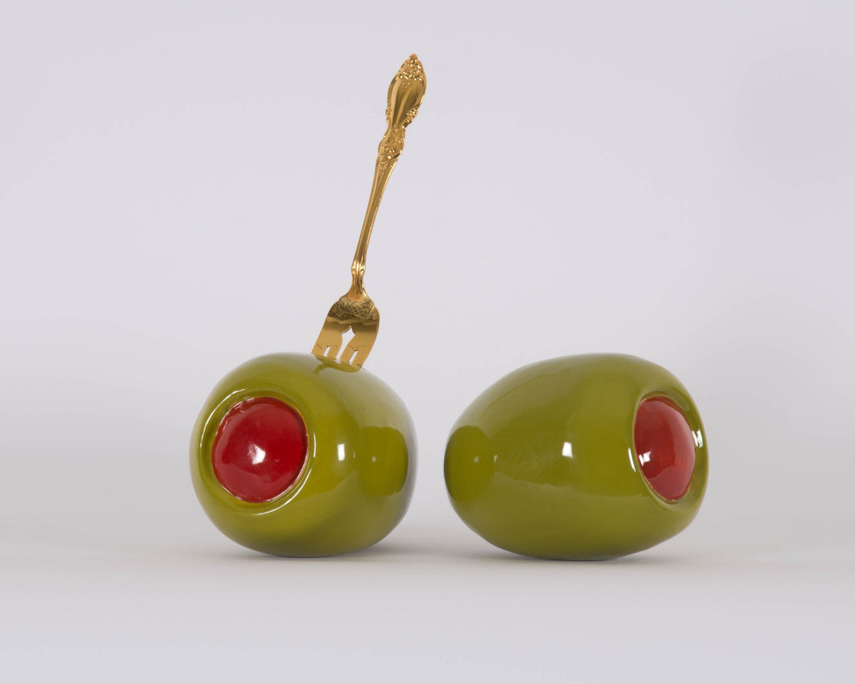 Victor Cicansky, Olives, 2015. Ceramic Olives with a Gold Fork in One of the Olives.