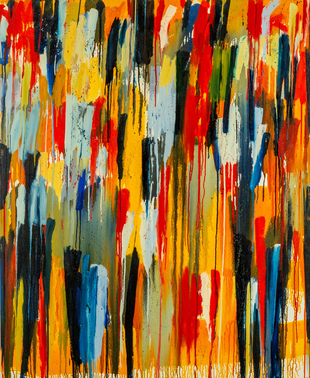 Pierre Coupey, Untitled XXIII, 2016. Abstract vertical splashes varying colours (yellow, orange, red, dark blue, green) against a white background.