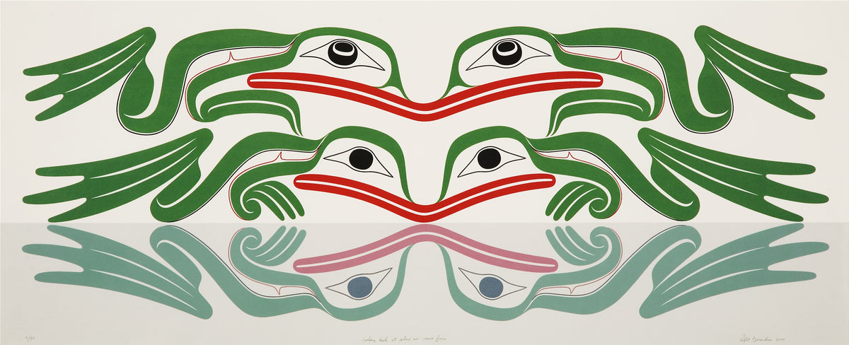 Robert Davidson, Looking Back at Where We Came From, 2000. Abstracted creatures, rendered in green and red.