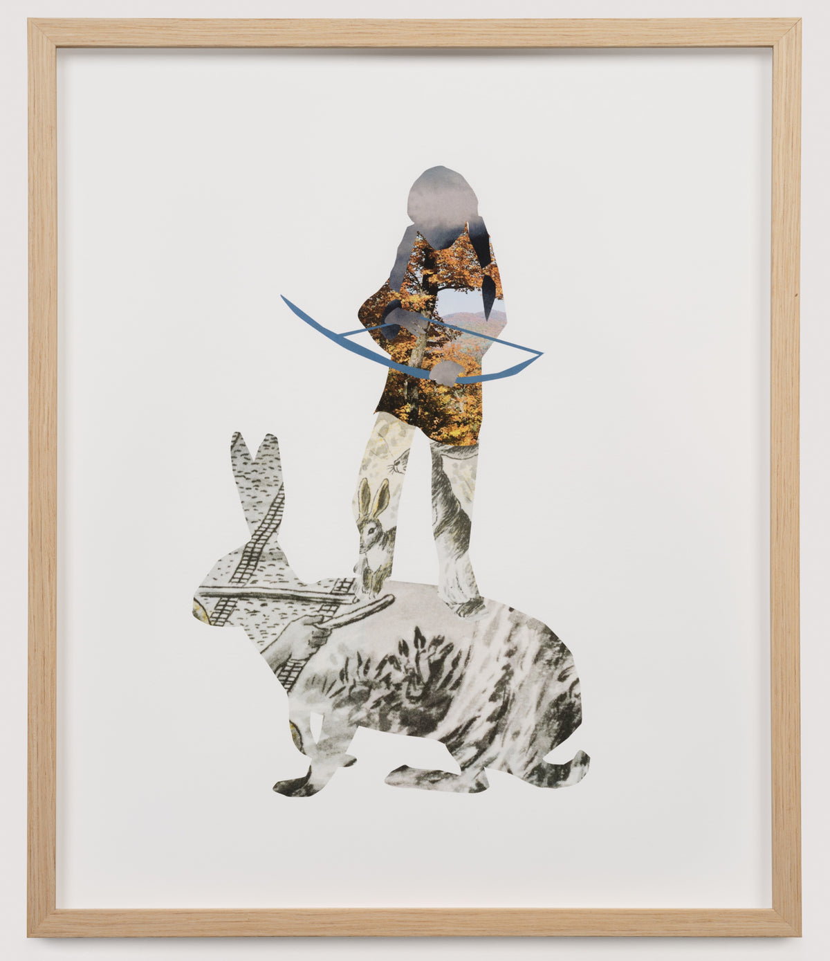Anna Binta Diallo, Red Feather, 2024. An silhouette of a figure with a bow and arrow, standing on top of the bunny, with images of an illustration of bunnies and a photograph of a landscape - superimposed into the picture.
