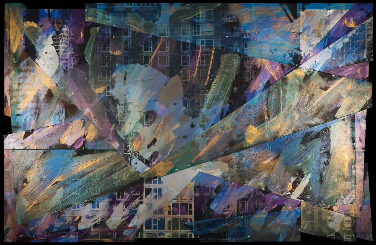 Wayne Eastcott, Bayshore 2, 2001. Abstracted sculptural piece with a photo of architecture superimposed onto the metal with metallic paint splashes on top.