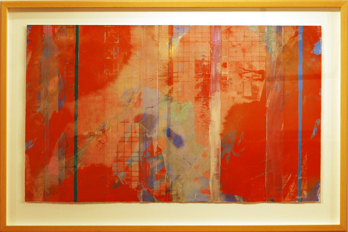 Wayne Eastcott, Bayshore 26, 2002. Red abstract painting with geometric shapes superimposed into the background.