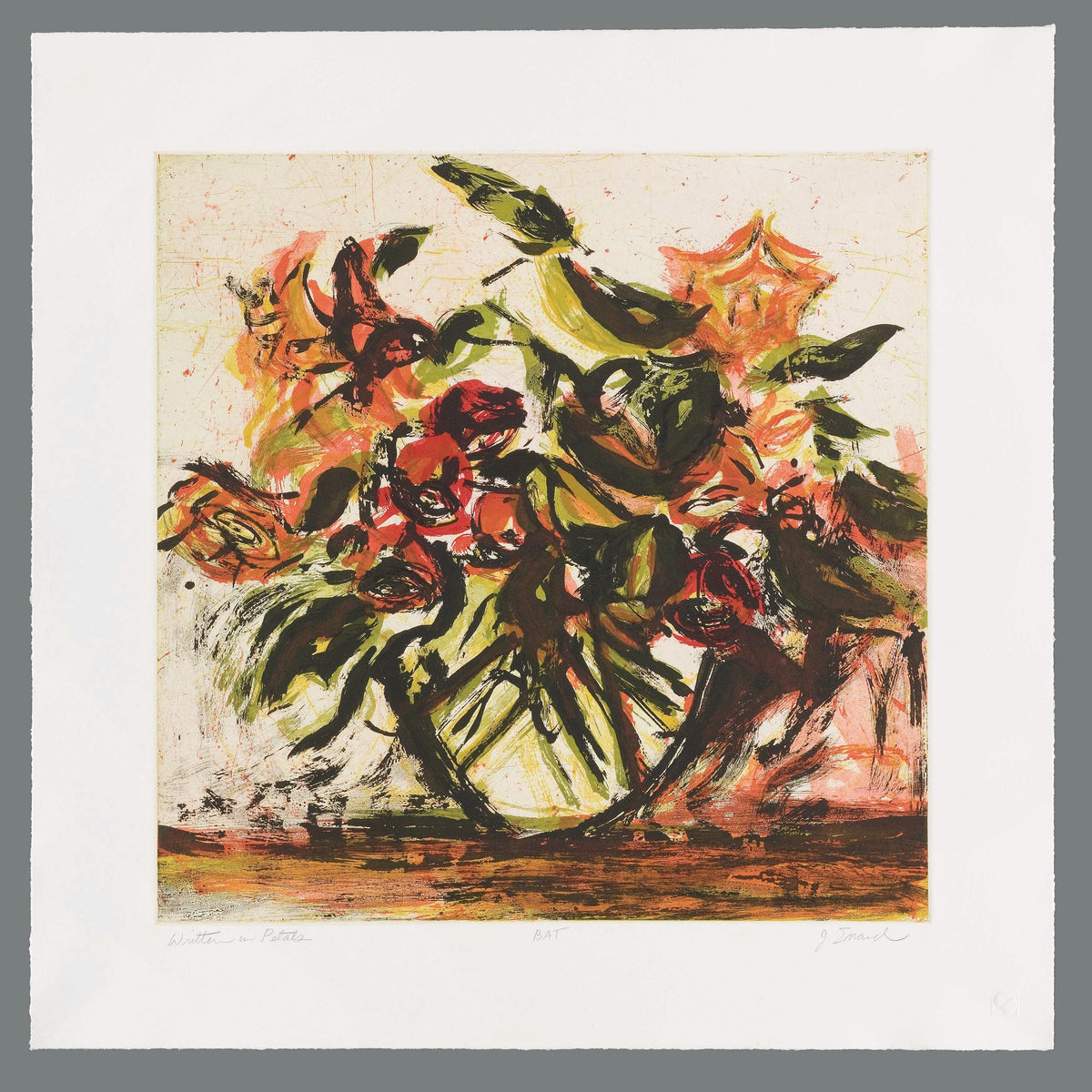 Jamie Evrard, Written in Petals, 2006. Abstract depiction of a vase of red and orange flowers.