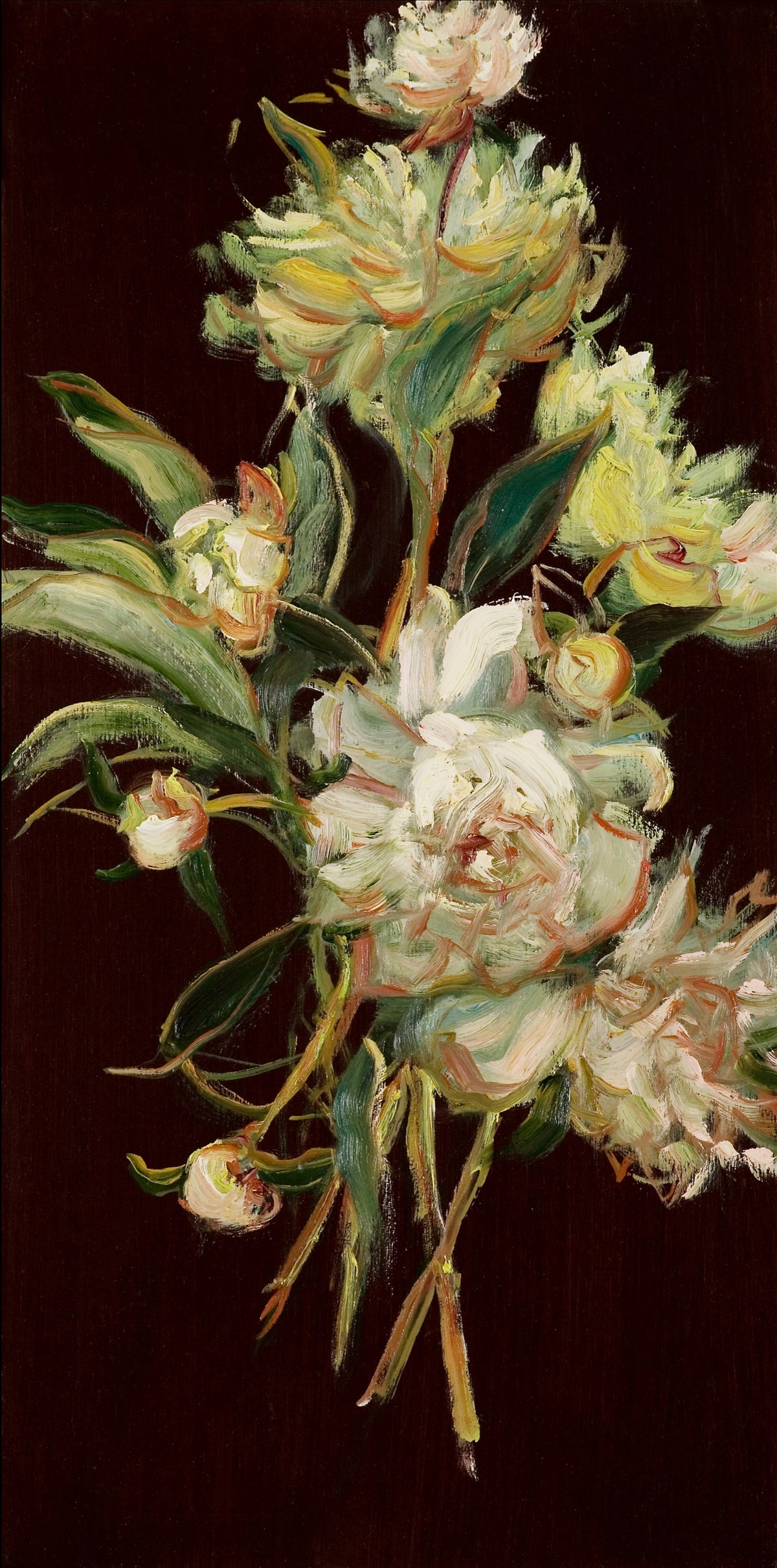 Jamie Evrard, As Summer Nears, 2005. Still-life painting of flowers against a black background.