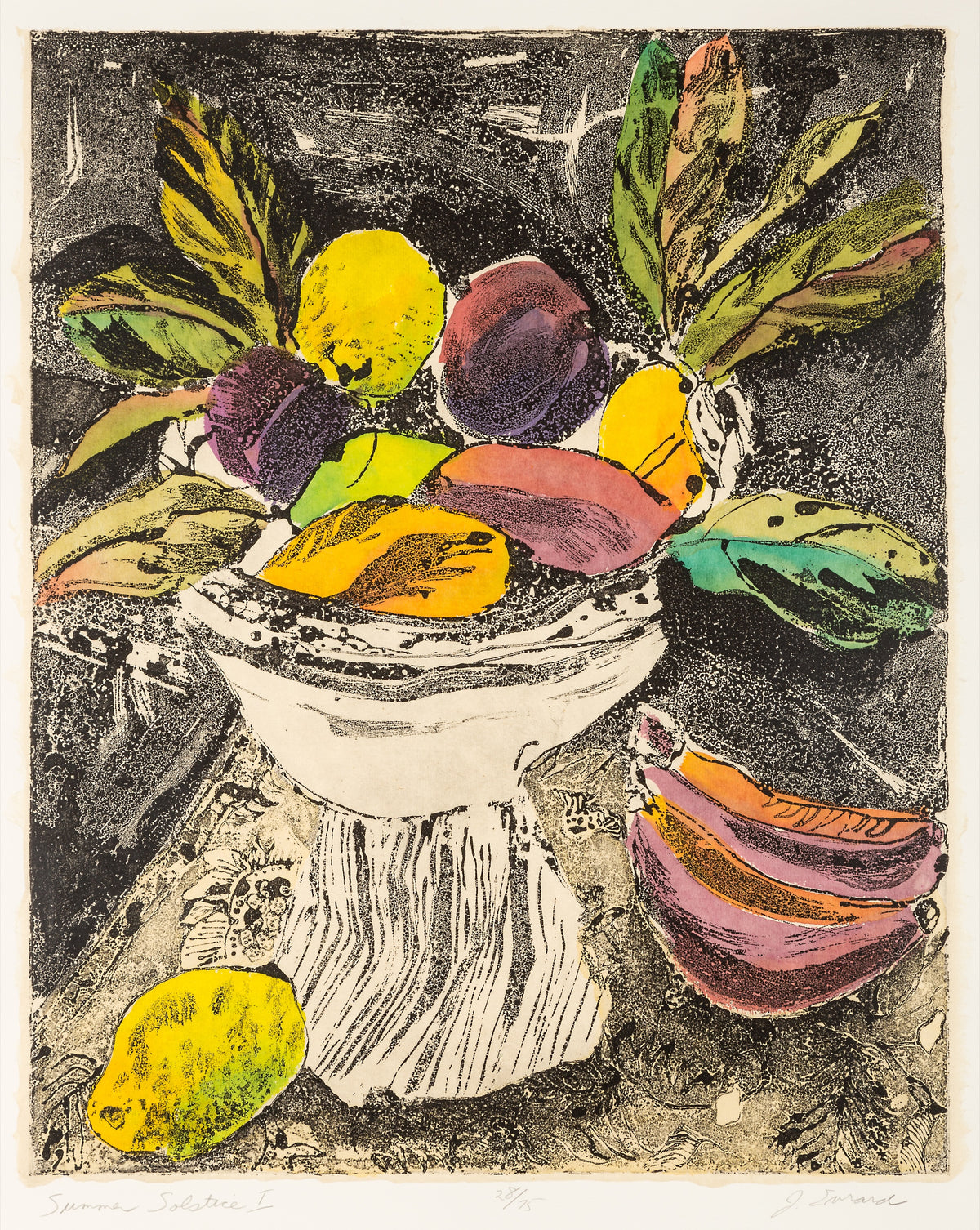 Jamie Evrard, Summer Solstice I, 2001. Still-life of a white bowl with fruit against a black background with plants.