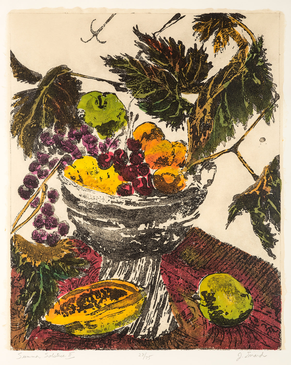 Jamie Evrard, Summer Solstice II, 2001. A black bowl filled with a variety of fruits (grapes, oranges, etc) on a red cloth with a papaya and a green apple against a white background.