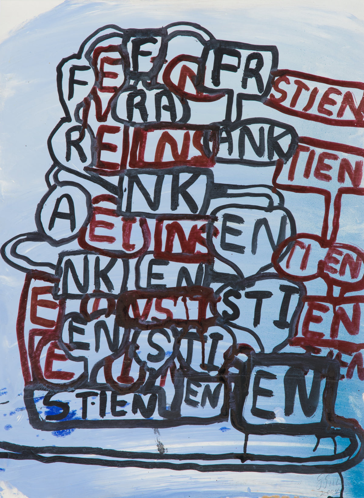 Graham Gillmore, Einstein/Frankenstein, 2004. Black and red text to create "Einstein/Frankenstein" against a light blue background.
